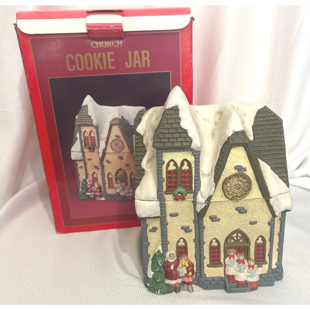 Vintage Christmas Church Cookie Jar Hand Painted Ceramic Carolers Snow Covered